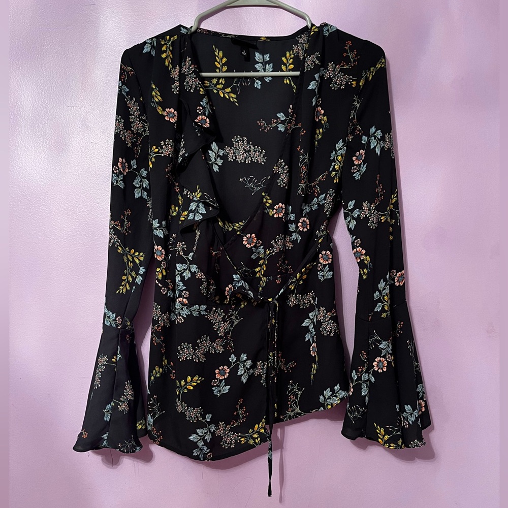 Who What Wear Black Floral Wrap Blouse